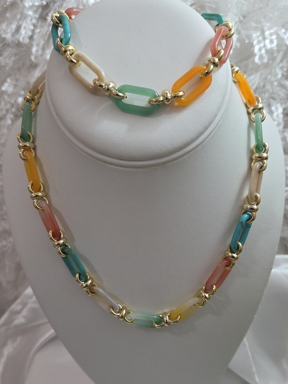Gold Multi-Color Resin Link Necklace and Bracelet Set